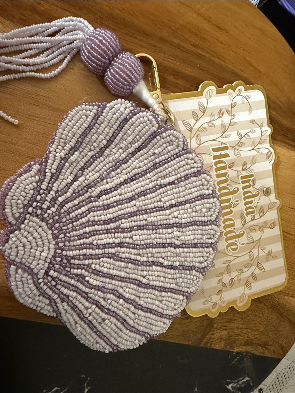 Handmade Lavender & White Beaded Shell Wristlet